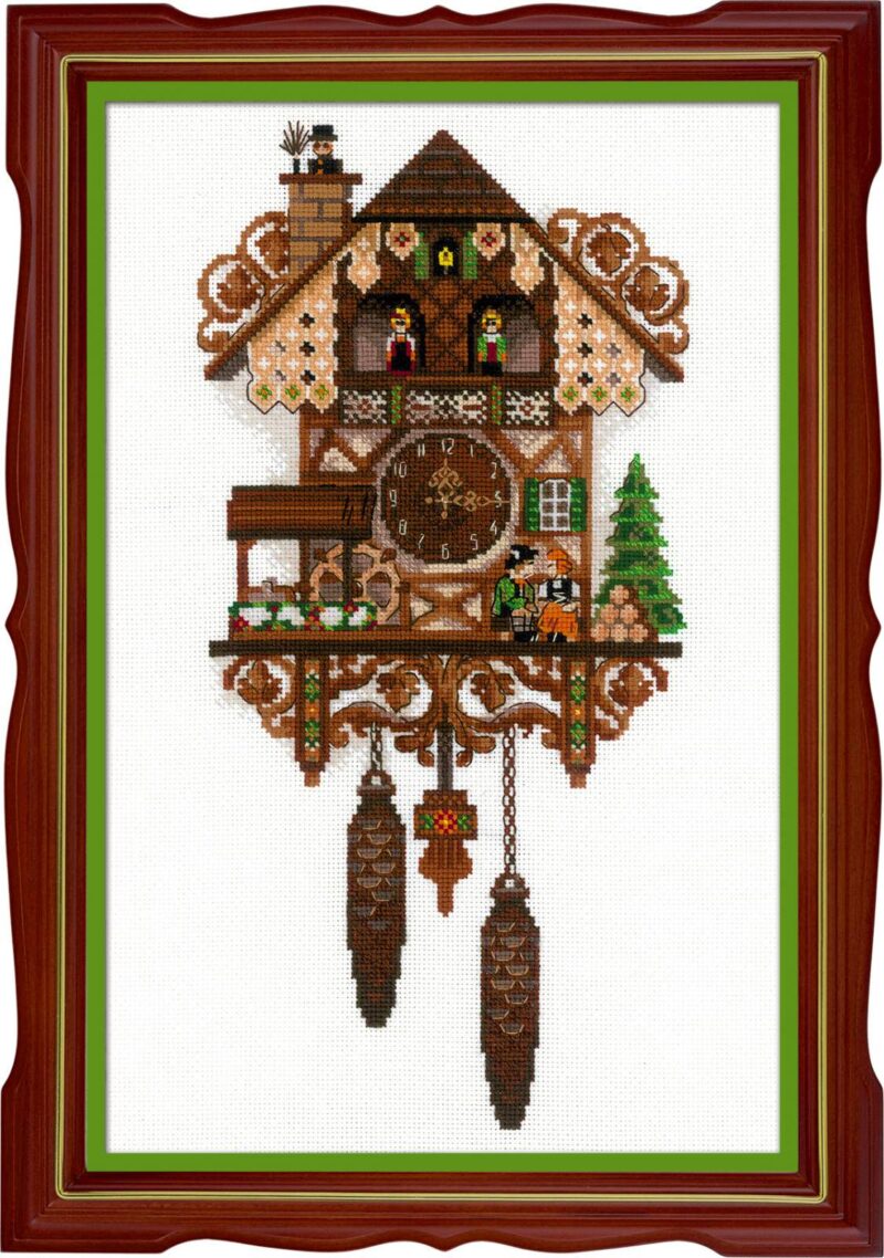 A detailed cuckoo clock with dancers, pinecone weights, and Alpine details is featured in this cross-stitch design.