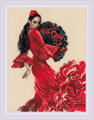 A graceful flamenco dancer in a red dress poses with a black fan adorned with red flowers.