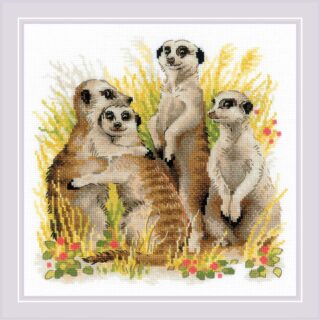 Cross-stitched group of four meerkats standing and sitting in tall grass with red flowers.