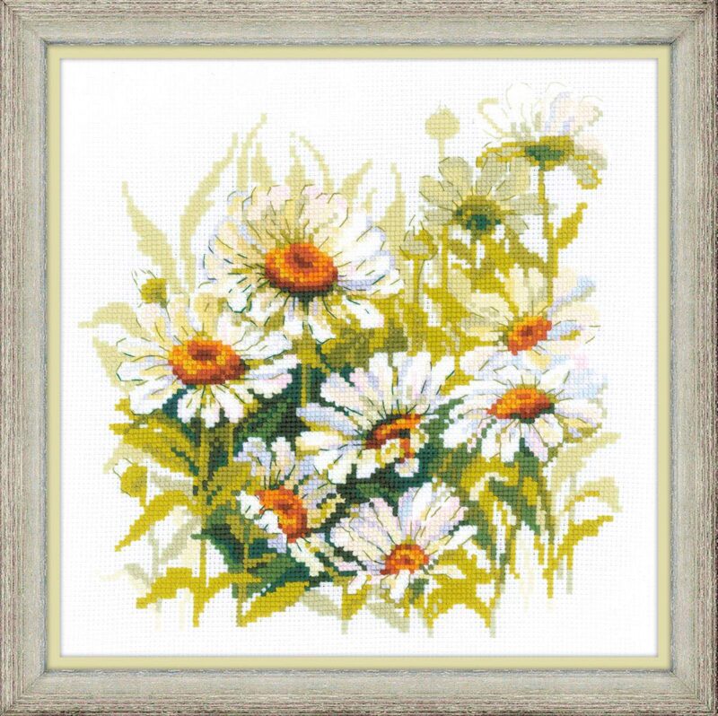 A cross-stitch design of blooming white chamomile flowers with golden centers surrounded by soft green foliage.