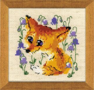 A cute cross-stitch design of a baby fox with big purple eyes surrounded by purple bell flowers.