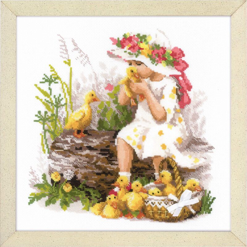 A cross-stitched scene of a young girl in a flowered hat holding a duckling, surrounded by yellow ducklings near a tree stump.