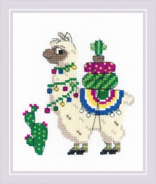 A cute cross-stitched llama wearing a colorful blanket and string lights, standing next to stacked cacti and a blooming cactus.