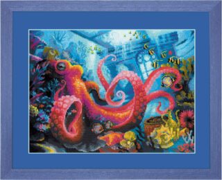 Cross-stitched design of a pink and orange octopus surrounded by coral, fish, and sunken treasure in a vibrant underwater scene.