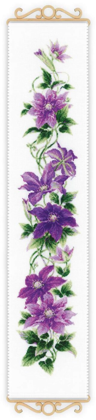 A vertical floral cross-stitch design featuring vibrant purple clematis flowers and green leaves climbing in a graceful cascade.