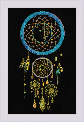 Colorful dream catcher cross-stitch design with feathers and crystals on black fabric.