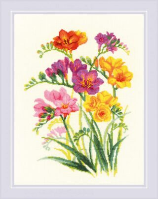 Cross-stitch design of vibrant pink, purple, yellow, and orange freesia flowers arranged in a tall, elegant bouquet.