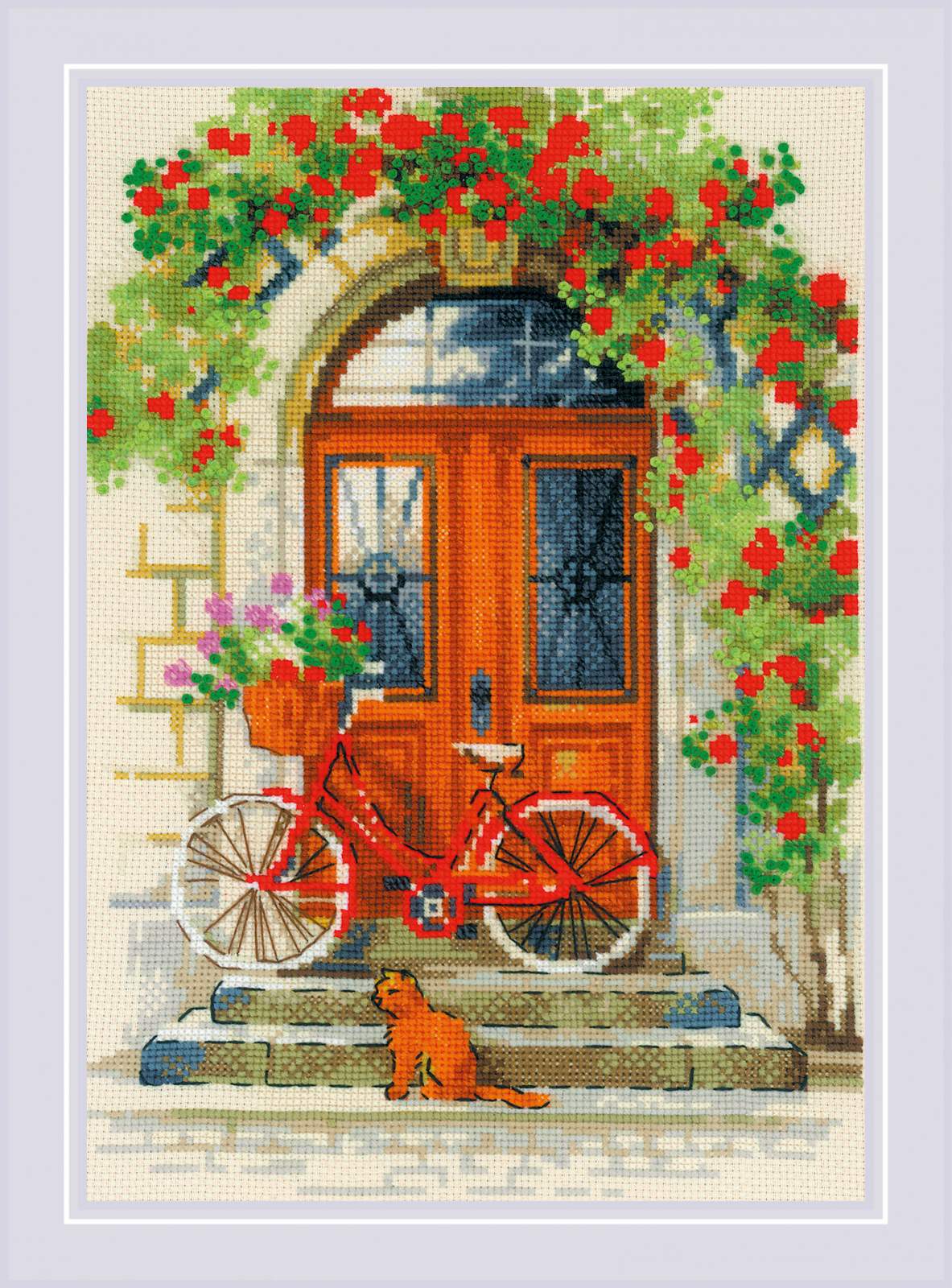 A cozy Italian doorway with a red bicycle, flower pots, and a ginger cat sitting on stone steps.