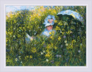 Cross-stitch rendering of a woman in a white dress with a parasol, surrounded by tall green meadow grasses and wildflowers, based on Monet’s painting.