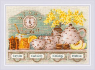 A cozy cross-stitch still life of a teapot, teacups, honey, lemon, and flowers arranged on a tea shelf with labeled drawers.