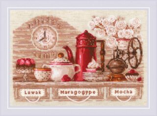 A vintage-style cross-stitch of a coffee-themed still life featuring a red kettle, grinder, cup, desserts, and white roses with labeled drawers.