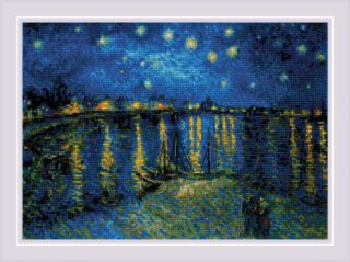 Cross-stitch kit featuring Van Gogh's Starry Night Over the Rhone with glowing stars and shimmering reflections on water.