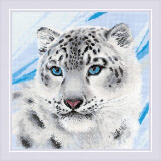 A cross stitch of a snow leopard with icy blue eyes and soft fur, set against a cool-toned, abstract snowy background.