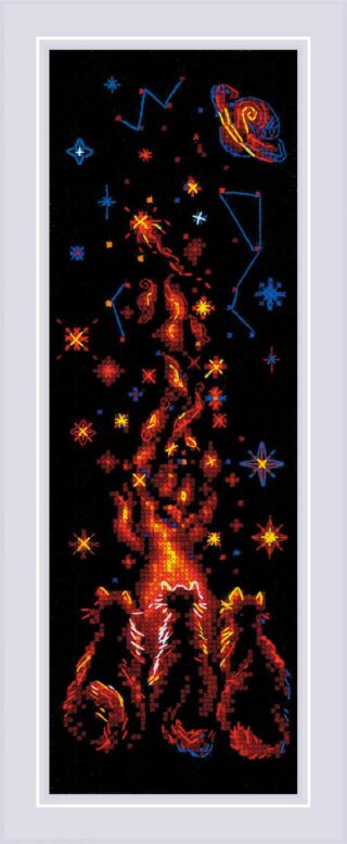 A cross stitch design of four glowing cats sitting around a fire, with flames turning into stars and constellations on a black fabric background.
