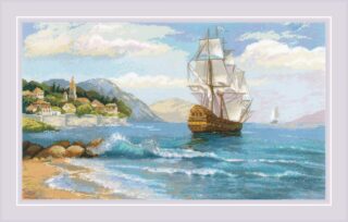 A cross stitch of a tall sailing ship approaching a peaceful coastal village under a bright sky with mountains and waves in the background.