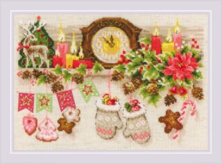 A festive cross stitch of a holiday shelf with candles, cookies, mittens, pine branches, and a vintage clock.