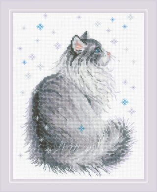 A cross-stitch design of a fluffy gray cat sitting in profile as snowflakes fall gently around it on a white background.