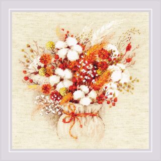 A warm-toned cross-stitch bouquet featuring cotton bolls, lagurus, dried flowers, and berries arranged in a rustic beige vase.