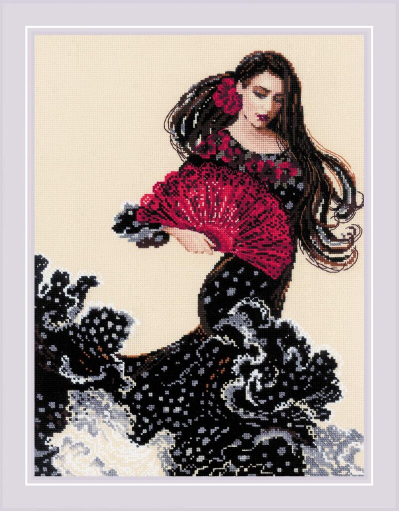 A striking cross-stitch of a flamenco dancer in a black and red dress, holding a red fan as her long dark hair flows around her.