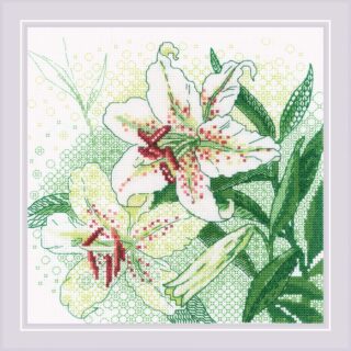 A detailed cross-stitch of blooming white lilies with red and yellow accents, surrounded by lush green leaves and a geometric background.