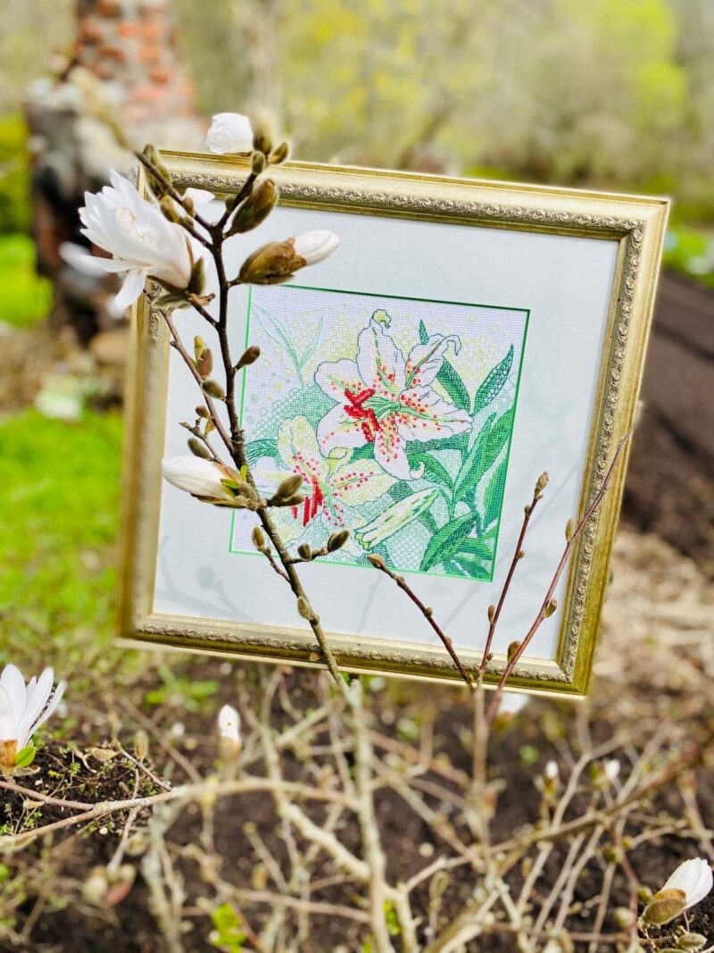 1915 White Lilies Cross Stitch Kit with Aida fabric - Image 2
