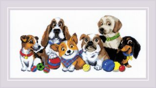 A colorful cross-stitch of six cheerful dogs of different breeds sitting together with playful expressions and toys scattered around them.