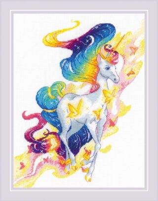 Cross-stitch of a magical unicorn with rainbow mane surrounded by glowing yellow butterflies.