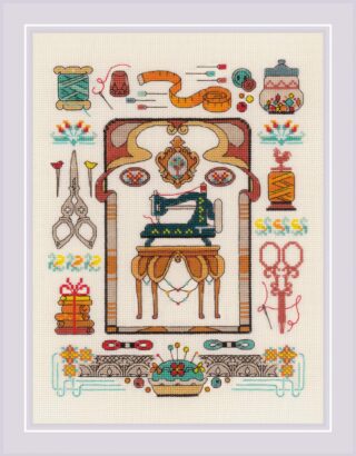A colorful cross-stitch design featuring a vintage sewing machine surrounded by scissors, thread, needles, fabric, and other sewing notions.