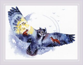 A dreamy cross-stitch of an owl in flight with a night forest, foxes, and glowing moonlight beautifully illustrated across its wings.