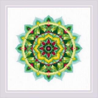 A green, yellow, and magenta mandala cross-stitch design with layered geometric shapes and a radiant, symmetrical layout.