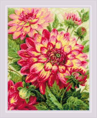 A vivid cross-stitch of large red and orange hibiscus flowers with lush green leaves, showcasing tropical beauty and bold color.