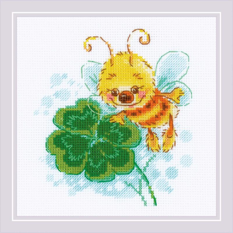 A smiling cartoon bee hovers joyfully over a large green four-leaf clover with light blue accents in the background.