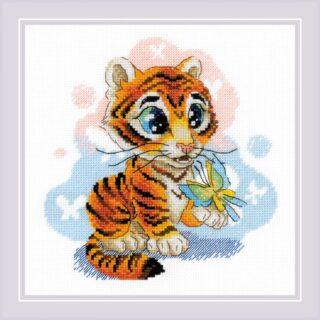 A cross-stitch of a wide-eyed baby tiger holding a butterfly, with soft blue and pink background shapes.