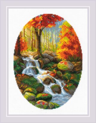 A colorful cross-stitch scene of a forest stream flowing through mossy rocks and vibrant red, gold, and orange autumn trees.