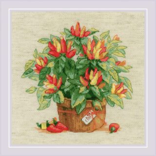 A cross-stitch design of a lush potted pepper plant with red and yellow chili peppers and green leaves.