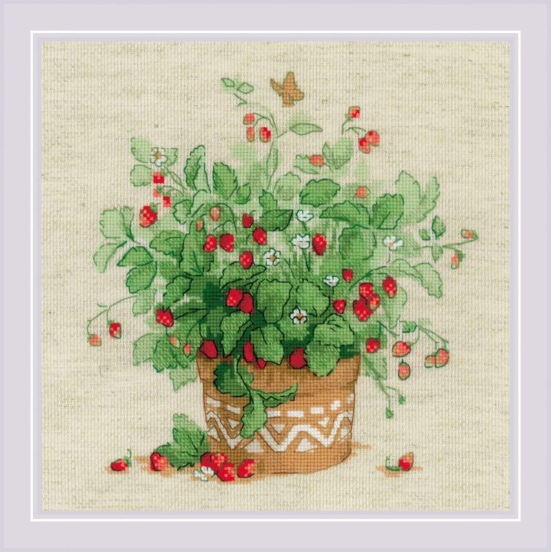 A cross-stitch design of a terracotta pot overflowing with ripe red strawberries, white blossoms, and lush green leaves.