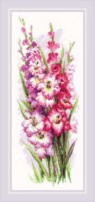 A cross-stitch design of tall pink, red, and purple gladiolus flowers with green leaves, arranged in a lively and elegant bouquet.