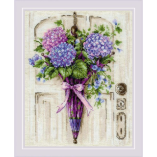 A charming cross stitch design of a purple umbrella filled with hydrangeas and tied with a pink ribbon, hanging on a rustic door.
