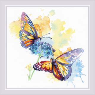 Two vibrant butterflies rest on blue wildflowers against a splashy watercolor-style background in this colorful cross-stitch design.