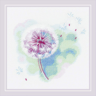 A delicate cross-stitch of a dandelion with white seeds floating on a soft background of green, blue, and lavender shades.