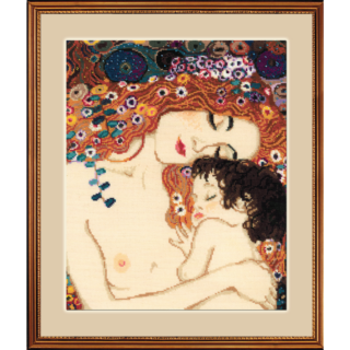 A cross-stitch design inspired by Gustav Klimt’s painting, showing a serene mother with flowing red hair tenderly embracing her sleeping child against a vibrant floral background.