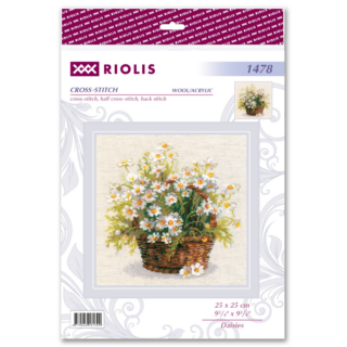 Cross-stitched bouquet of white daisies in a rustic brown basket with green leaves.