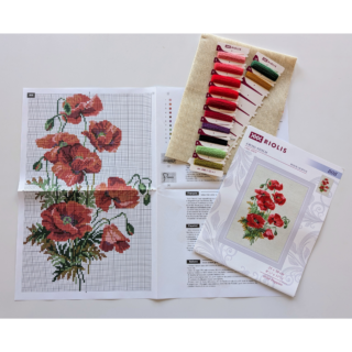 A cross-stitch design of vibrant red wild poppies with green stems and leaves, arranged in a tall, natural bouquet on a neutral background.
