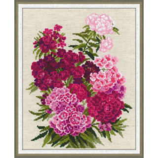Cross stitch of bright pink, deep red, and pale pink Sweet William flowers arranged in a dense bouquet with green leaves.
