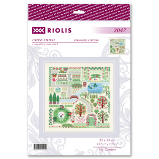A detailed cross stitch design of a garden scene with flowerbeds, a pond, trees, a bridge, and cozy sitting areas, arranged in a decorative layout.