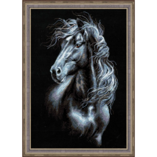 Cross-stitch embroidery of a majestic black horse with a silver mane flowing in the wind, against a dark background.