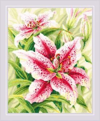 A bright cross-stitch of pink and white lilies with green leaves, featuring large open petals and rich botanical detail.
