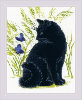 A black cat sits calmly in tall green grass, gazing at two fluttering purple butterflies.