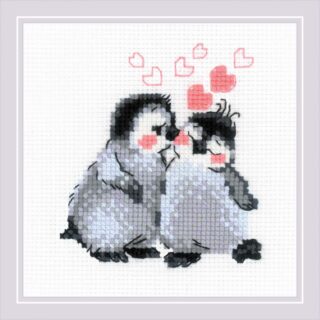 Two blushing baby penguins snuggle together under floating pink hearts in this sweet and playful cross-stitch design.