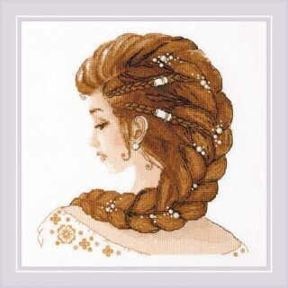 A cross-stitched portrait of a woman in profile with long braided brown hair adorned with beads and pearls.